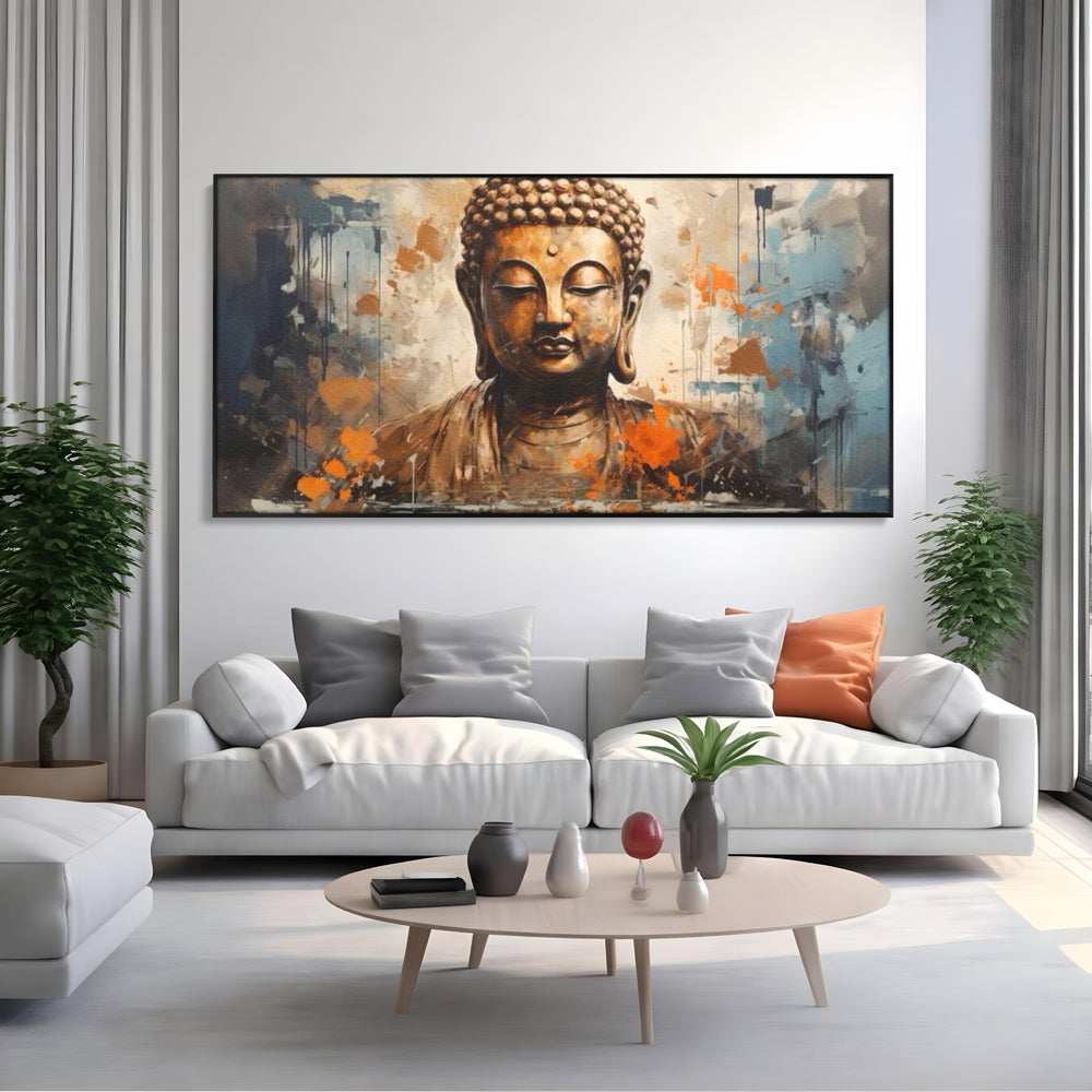 Tablou canvas cu tablou canvas cu bustul lui buddha, in rama de aluminiu negru, pe perete intr-un living
